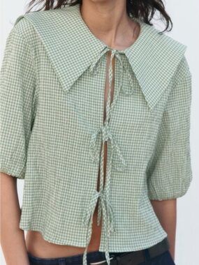 Zara Green Checkered Blouse with Tie-Front
